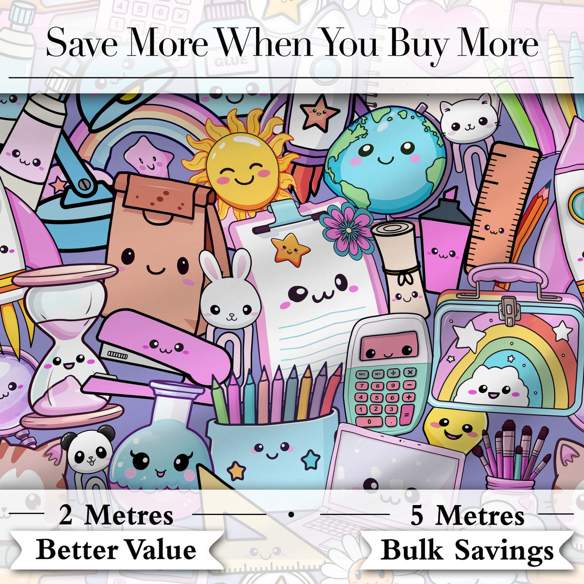 Cute Kawaii School Supplies Desk Rainbow Sun Globe Purple Seamless Pattern Digital Print Fabric by the Metre UK Sewing Quilting Textile