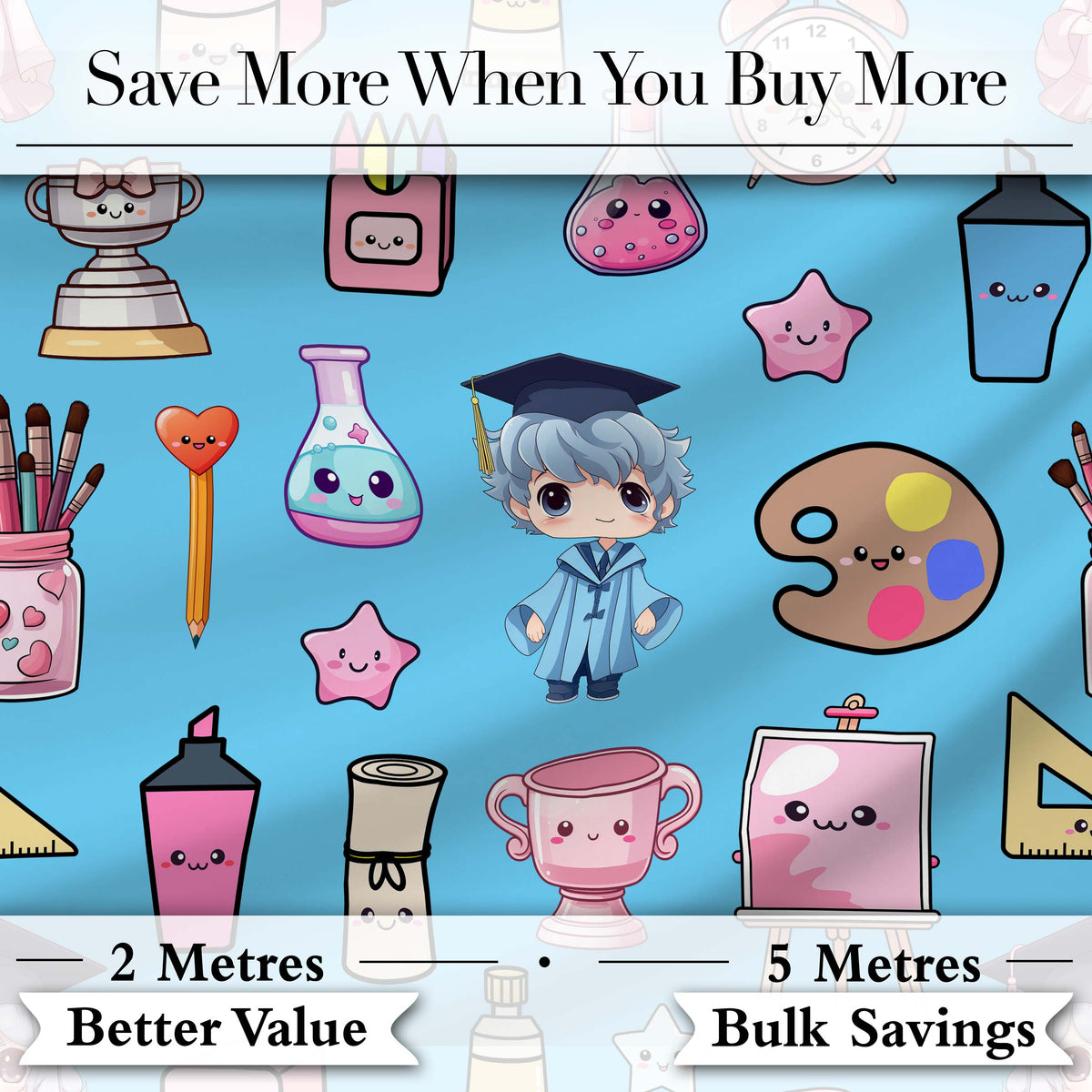 Cute Kawaii Graduation Student Art Supplies Blue Seamless Pattern Digital Print Fabric by the Metre UK Sewing Quilting Textile