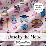 Cute Kawaii Graduation Student Art Supplies  Pink Seamless Pattern Digital Print Fabric by the Metre UK Sewing Quilting Textile