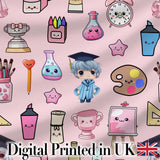 Cute Kawaii Graduation Student Art Supplies  Pink Seamless Pattern Digital Print Fabric by the Metre UK Sewing Quilting Textile