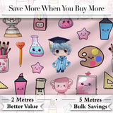 Cute Kawaii Graduation Student Art Supplies  Pink Seamless Pattern Digital Print Fabric by the Metre UK Sewing Quilting Textile