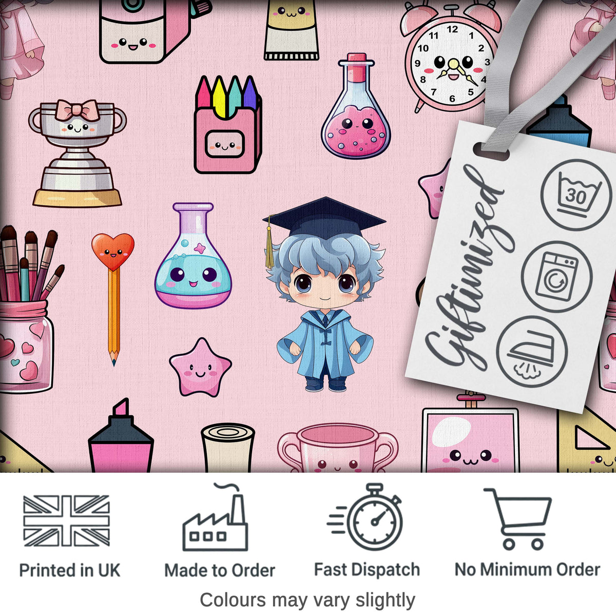 Cute Kawaii Graduation Student Art Supplies  Pink Seamless Pattern Digital Print Fabric by the Metre UK Sewing Quilting Textile