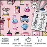 Cute Kawaii Graduation Student Art Supplies  Pink Seamless Pattern Digital Print Fabric by the Metre UK Sewing Quilting Textile