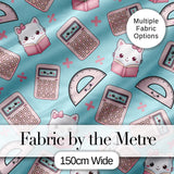 Cute Kawaii Maths Cat Calculator Ruler Blue Seamless Pattern Digital Print Fabric by the Metre UK Sewing Quilting Textile