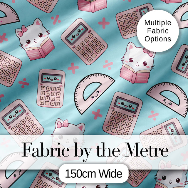Cute Kawaii Maths Cat Calculator Ruler Blue Seamless Pattern Digital Print Fabric by the Metre UK Sewing Quilting Textile