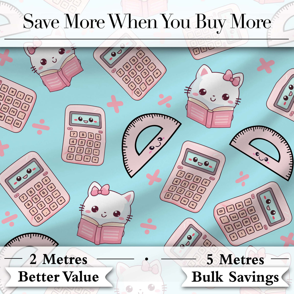 Cute Kawaii Maths Cat Calculator Ruler Blue Seamless Pattern Digital Print Fabric by the Metre UK Sewing Quilting Textile
