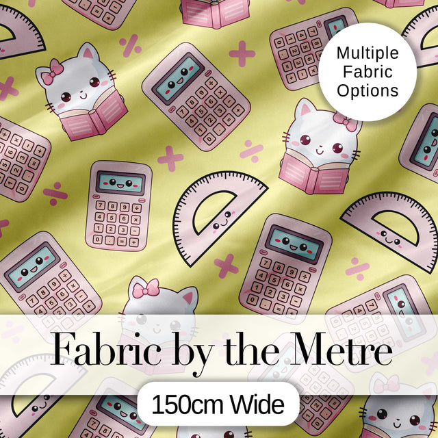 Cute Kawaii Maths Cat Calculator Ruler Yellow Seamless Pattern Digital Print Fabric by the Metre UK Sewing Quilting Textile