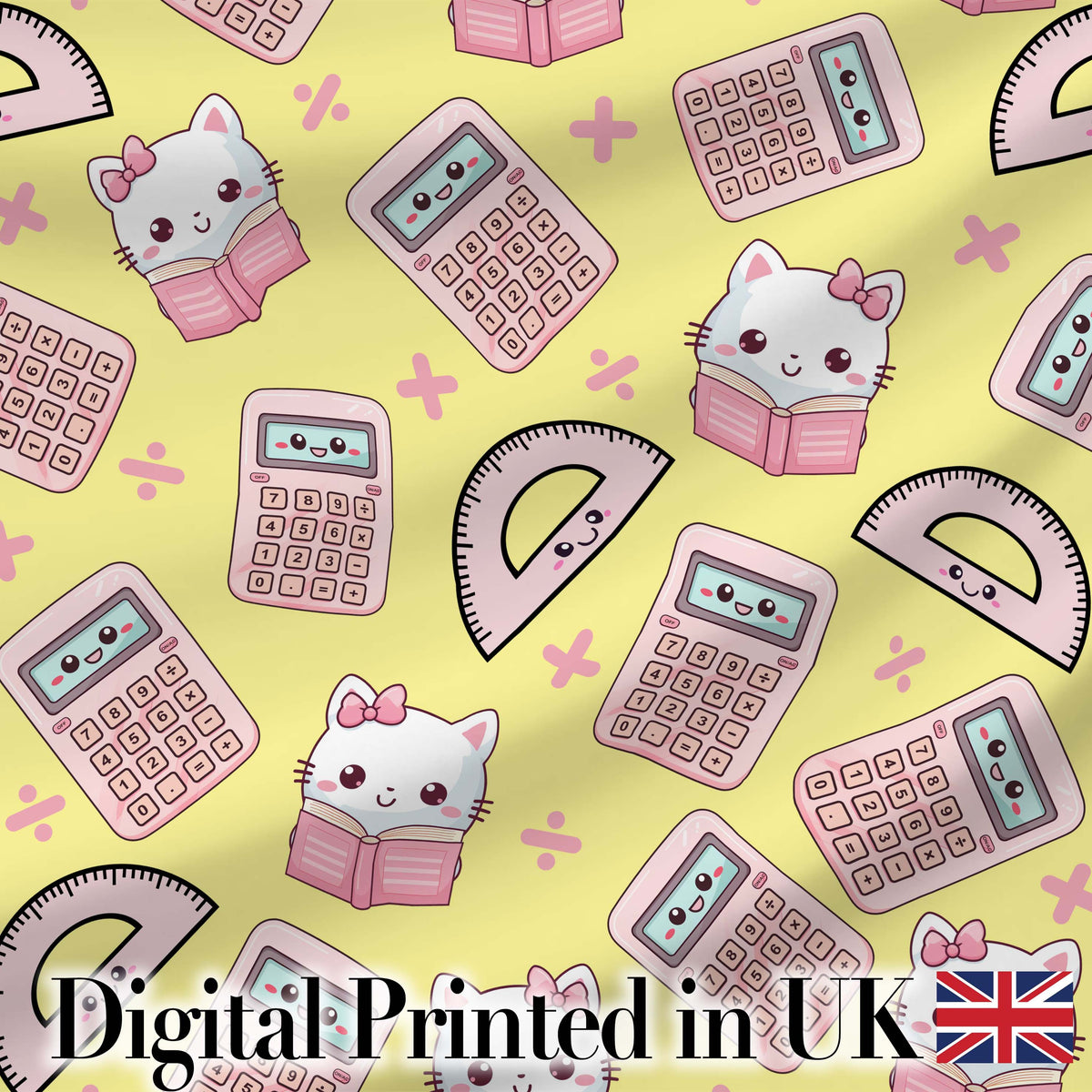 Cute Kawaii Maths Cat Calculator Ruler Yellow Seamless Pattern Digital Print Fabric by the Metre UK Sewing Quilting Textile