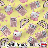 Cute Kawaii Maths Cat Calculator Ruler Yellow Seamless Pattern Digital Print Fabric by the Metre UK Sewing Quilting Textile