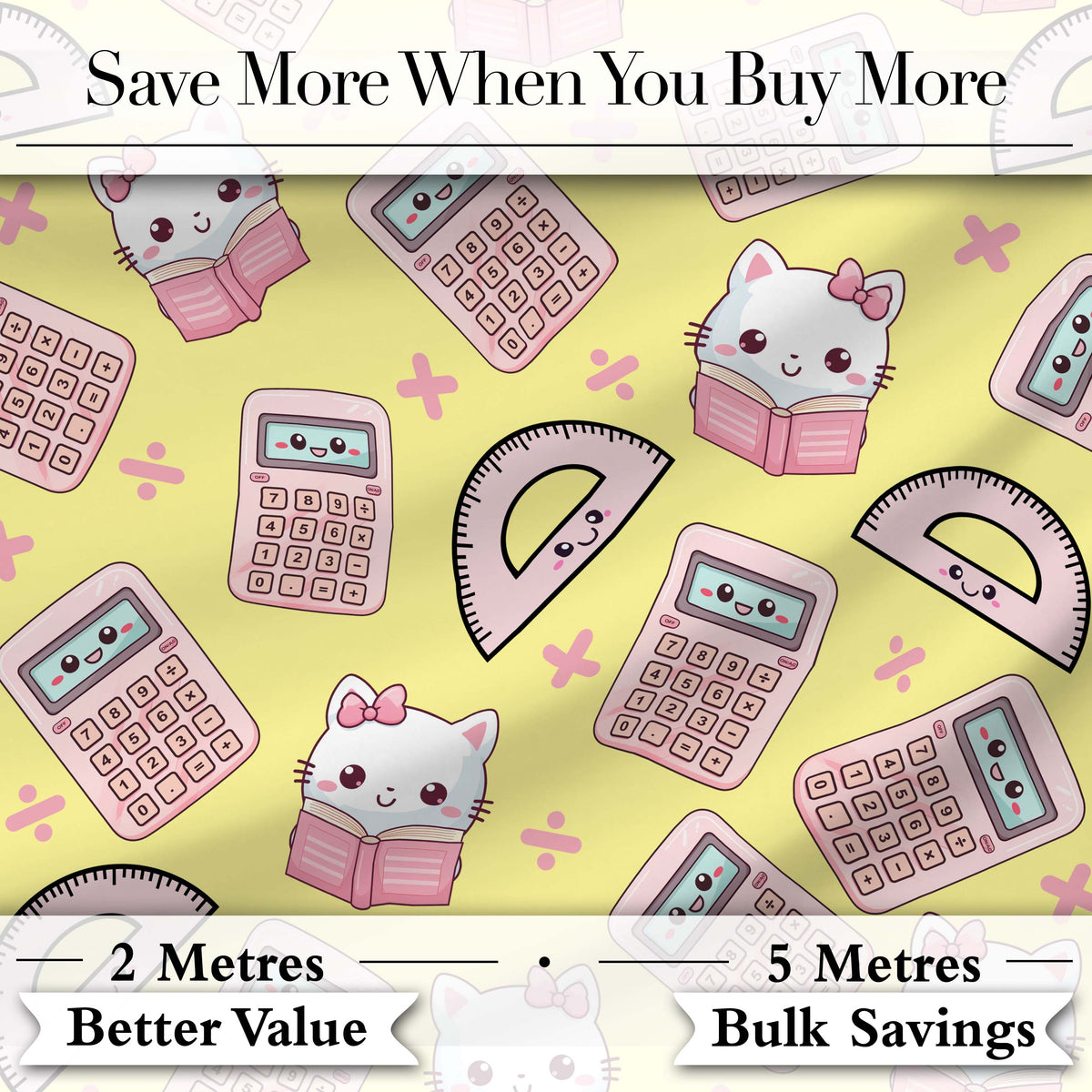 Cute Kawaii Maths Cat Calculator Ruler Yellow Seamless Pattern Digital Print Fabric by the Metre UK Sewing Quilting Textile