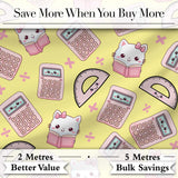 Cute Kawaii Maths Cat Calculator Ruler Yellow Seamless Pattern Digital Print Fabric by the Metre UK Sewing Quilting Textile