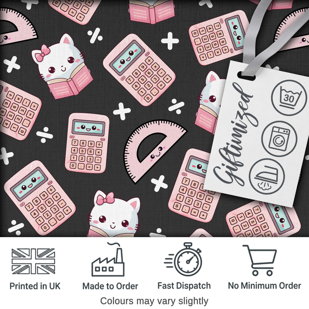 Cute Kawaii Maths Cat Calculator Ruler Dark Seamless Pattern Digital Print Fabric by the Metre UK Sewing Quilting Textile