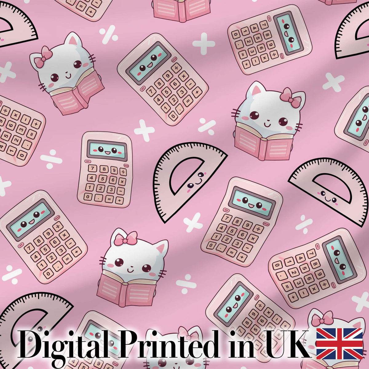 Cute Kawaii Maths Cat Calculator Ruler Pink Seamless Pattern Digital Print Fabric by the Metre UK Sewing Quilting Textile