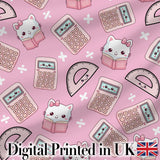Cute Kawaii Maths Cat Calculator Ruler Pink Seamless Pattern Digital Print Fabric by the Metre UK Sewing Quilting Textile