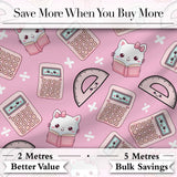 Cute Kawaii Maths Cat Calculator Ruler Pink Seamless Pattern Digital Print Fabric by the Metre UK Sewing Quilting Textile