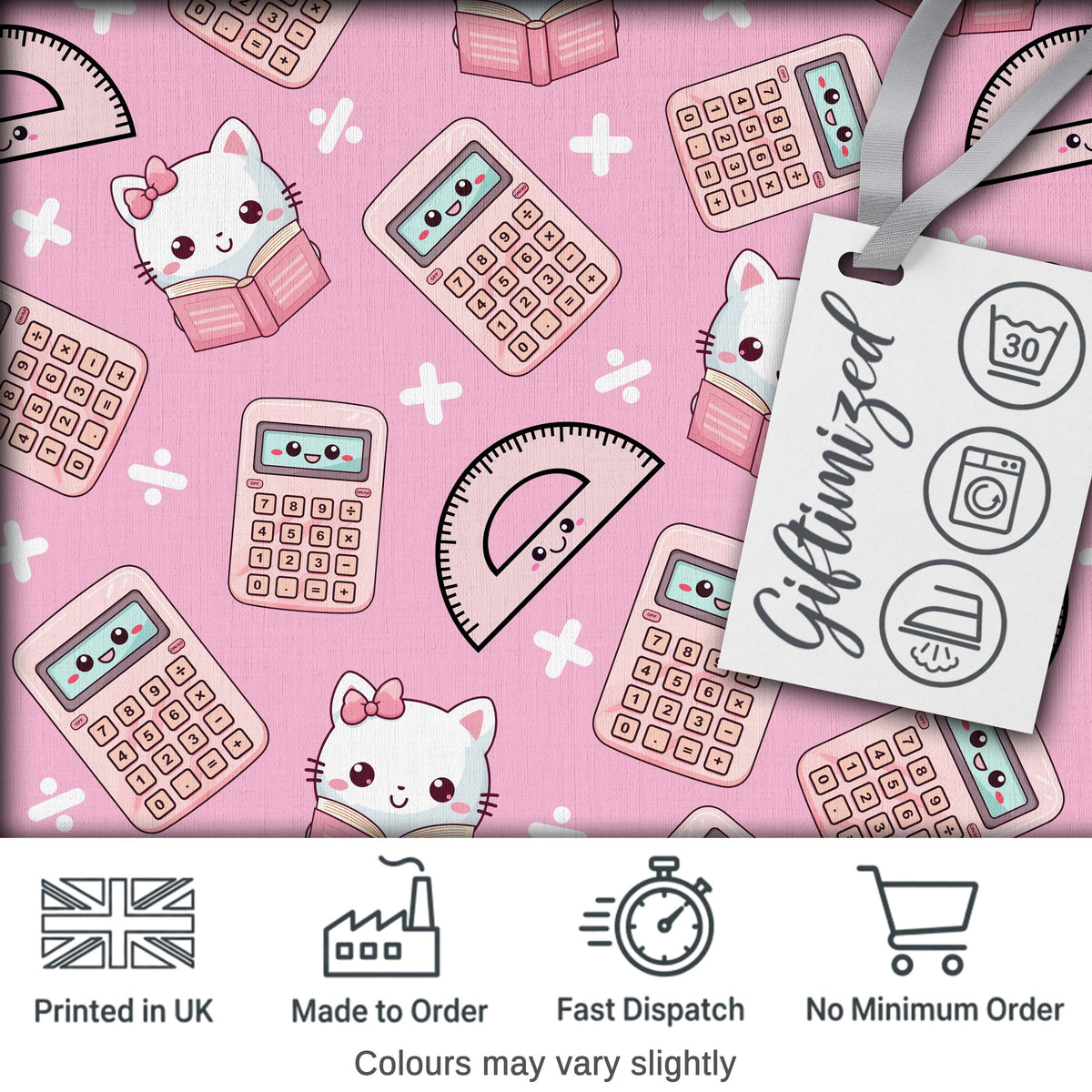 Cute Kawaii Maths Cat Calculator Ruler Pink Seamless Pattern Digital Print Fabric by the Metre UK Sewing Quilting Textile
