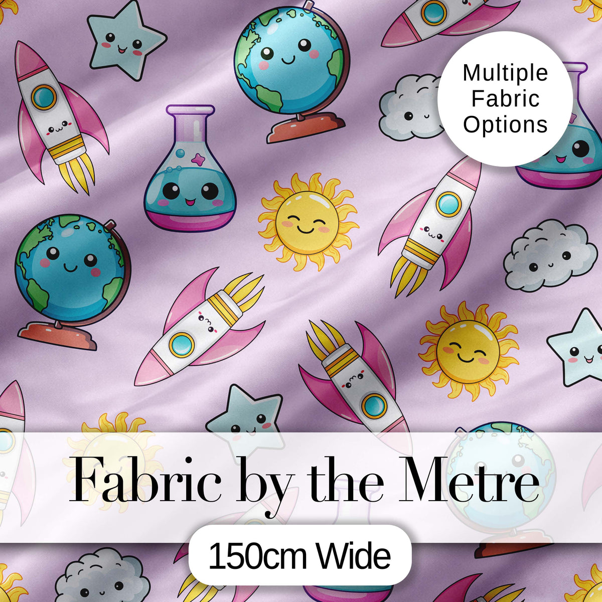 Cute Kawaii Space Rocket Globe Sun Star Purple Seamless Pattern Digital Print Fabric by the Metre UK Sewing Quilting Textile