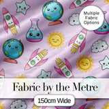 Cute Kawaii Space Rocket Globe Sun Star Purple Seamless Pattern Digital Print Fabric by the Metre UK Sewing Quilting Textile
