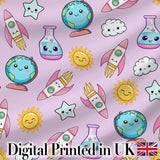 Cute Kawaii Space Rocket Globe Sun Star Purple Seamless Pattern Digital Print Fabric by the Metre UK Sewing Quilting Textile