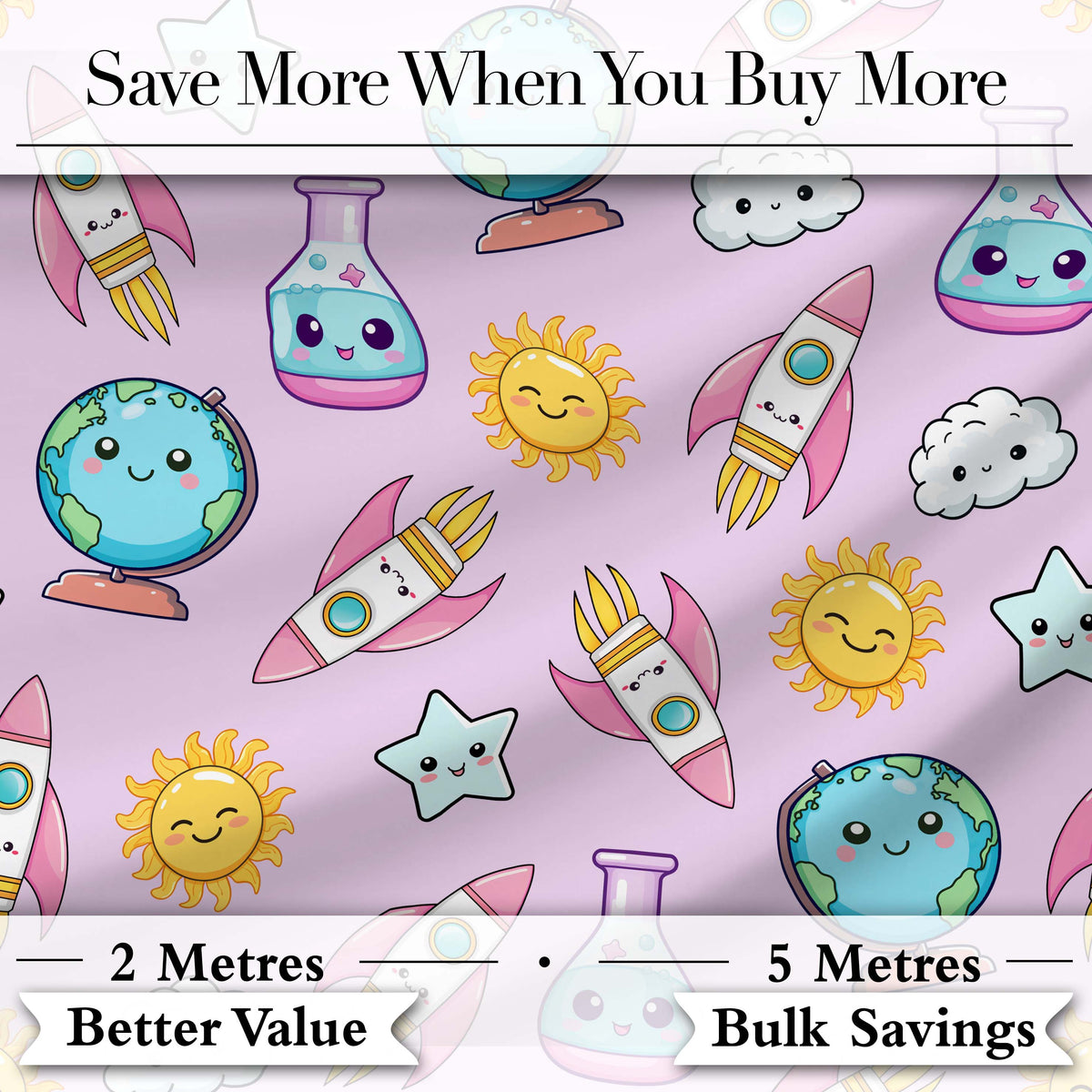 Cute Kawaii Space Rocket Globe Sun Star Purple Seamless Pattern Digital Print Fabric by the Metre UK Sewing Quilting Textile