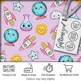 Cute Kawaii Space Rocket Globe Sun Star Purple Seamless Pattern Digital Print Fabric by the Metre UK Sewing Quilting Textile