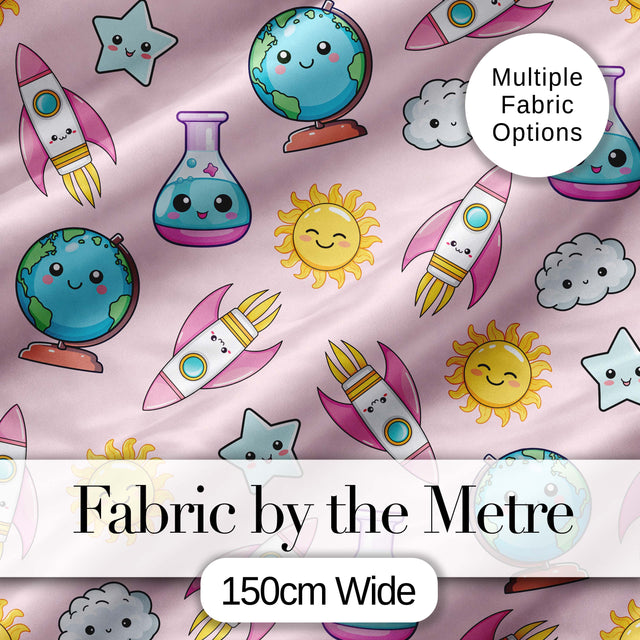 Cute Kawaii Space Rocket Globe Sun Star Pastel Seamless Pattern Digital Print Fabric by the Metre UK Sewing Quilting Textile