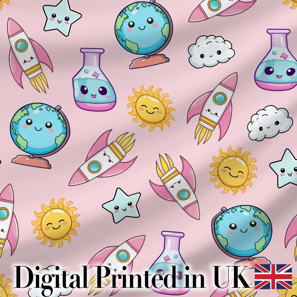 Cute Kawaii Space Rocket Globe Sun Star Pastel Seamless Pattern Digital Print Fabric by the Metre UK Sewing Quilting Textile