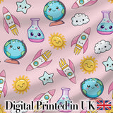 Cute Kawaii Space Rocket Globe Sun Star Pastel Seamless Pattern Digital Print Fabric by the Metre UK Sewing Quilting Textile