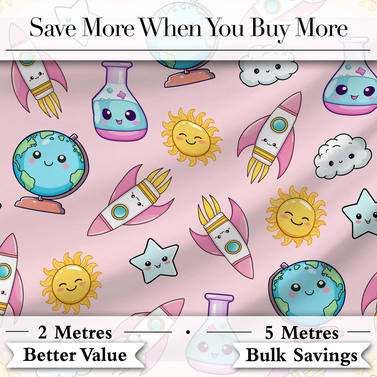 Cute Kawaii Space Rocket Globe Sun Star Pastel Seamless Pattern Digital Print Fabric by the Metre UK Sewing Quilting Textile