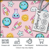 Cute Kawaii Space Rocket Globe Sun Star Pastel Seamless Pattern Digital Print Fabric by the Metre UK Sewing Quilting Textile