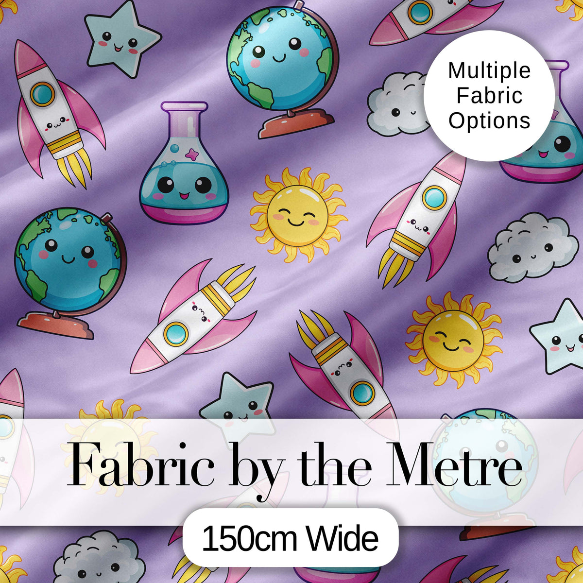 Cute Kawaii Space Rocket Globe Sun Star Lilac Seamless Pattern Digital Print Fabric by the Metre UK Sewing Quilting Textile