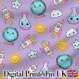 Cute Kawaii Space Rocket Globe Sun Star Lilac Seamless Pattern Digital Print Fabric by the Metre UK Sewing Quilting Textile