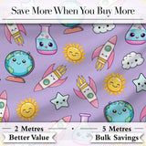 Cute Kawaii Space Rocket Globe Sun Star Lilac Seamless Pattern Digital Print Fabric by the Metre UK Sewing Quilting Textile