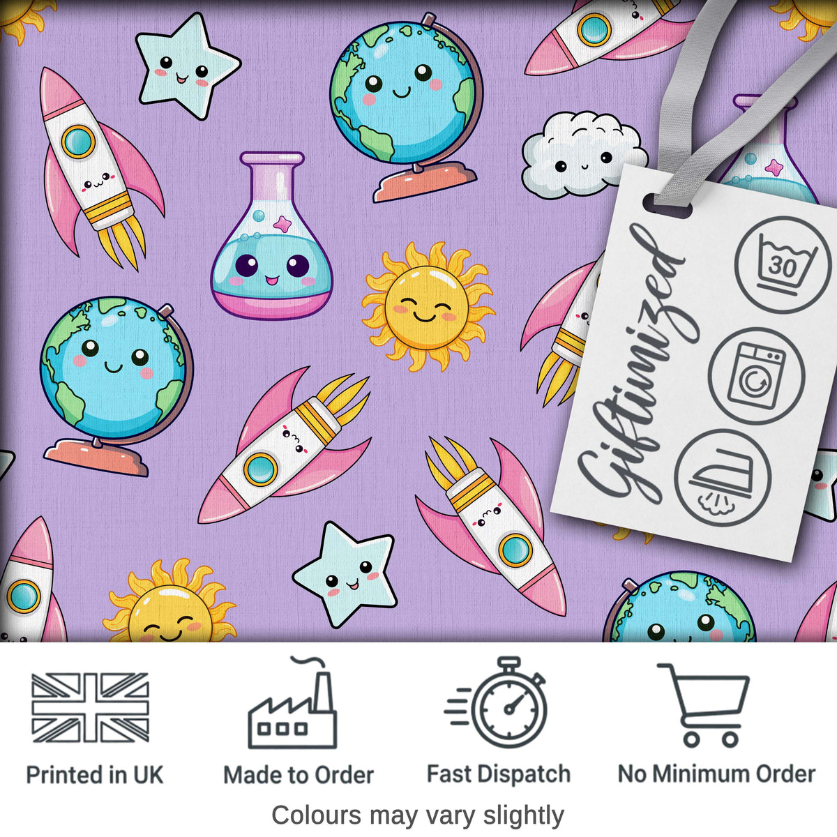 Cute Kawaii Space Rocket Globe Sun Star Lilac Seamless Pattern Digital Print Fabric by the Metre UK Sewing Quilting Textile