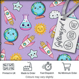 Cute Kawaii Space Rocket Globe Sun Star Lilac Seamless Pattern Digital Print Fabric by the Metre UK Sewing Quilting Textile