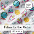 Cute Kawaii Space Rocket Globe Sun Star White Seamless Pattern Digital Print Fabric by the Metre UK Sewing Quilting Textile