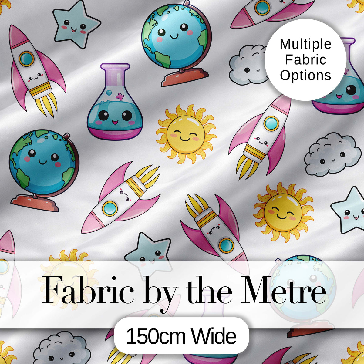 Cute Kawaii Space Rocket Globe Sun Star White Seamless Pattern Digital Print Fabric by the Metre UK Sewing Quilting Textile