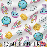 Cute Kawaii Space Rocket Globe Sun Star White Seamless Pattern Digital Print Fabric by the Metre UK Sewing Quilting Textile