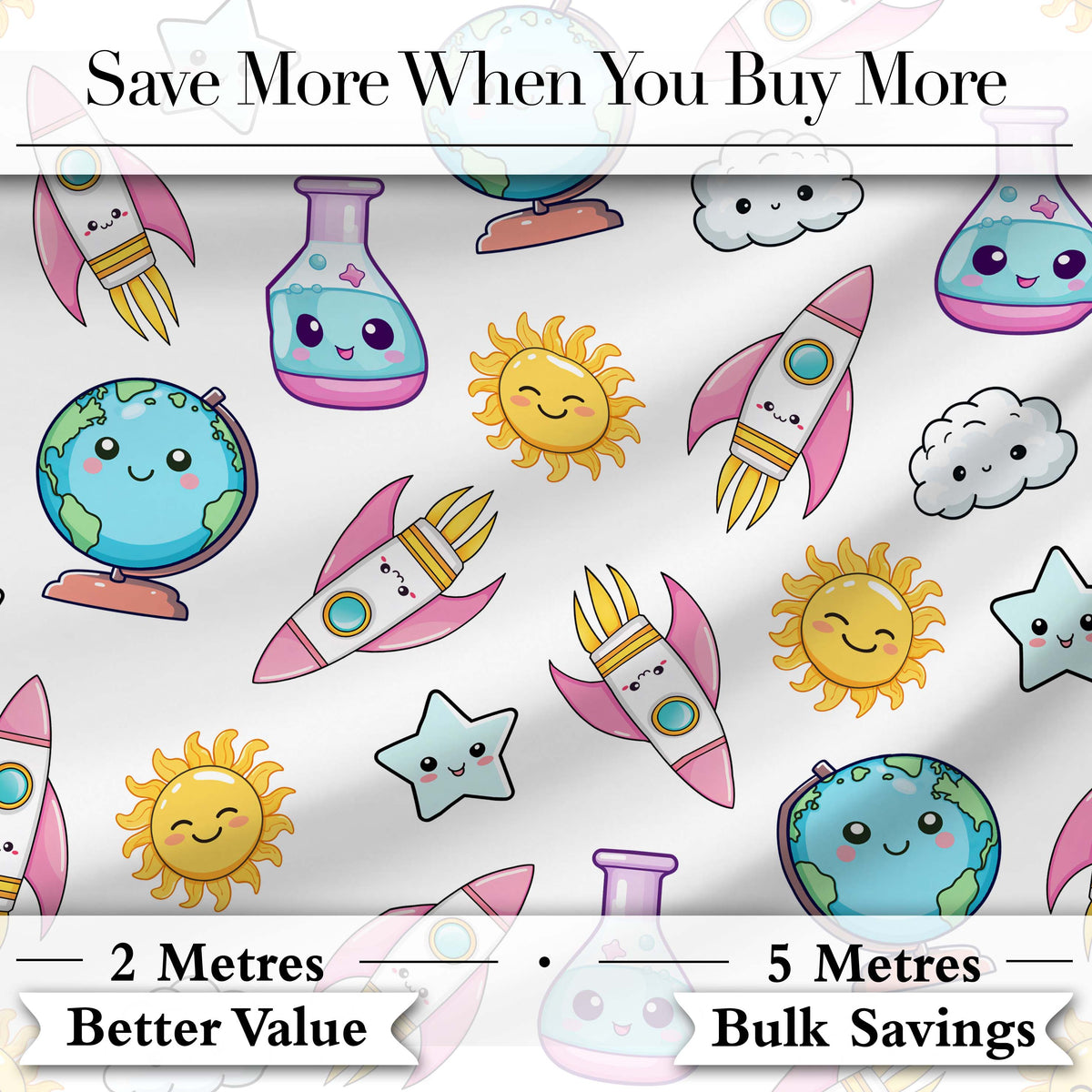 Cute Kawaii Space Rocket Globe Sun Star White Seamless Pattern Digital Print Fabric by the Metre UK Sewing Quilting Textile