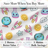 Cute Kawaii Space Rocket Globe Sun Star White Seamless Pattern Digital Print Fabric by the Metre UK Sewing Quilting Textile