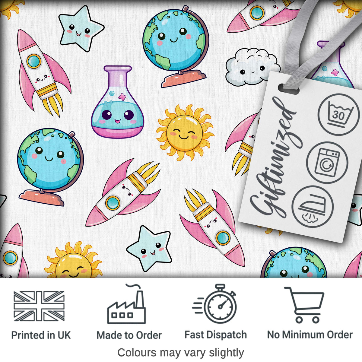 Cute Kawaii Space Rocket Globe Sun Star White Seamless Pattern Digital Print Fabric by the Metre UK Sewing Quilting Textile