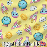 Cute Kawaii Space Rocket Globe Sun Star Yellow Seamless Pattern Digital Print Fabric by the Metre UK Sewing Quilting Textile