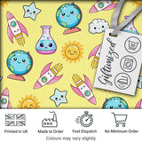 Cute Kawaii Space Rocket Globe Sun Star Yellow Seamless Pattern Digital Print Fabric by the Metre UK Sewing Quilting Textile
