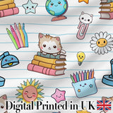 Cute Kawaii School Cat Books Crayons Stationery Seamless Pattern Digital Print Fabric by the Metre UK Sewing Quilting Textile