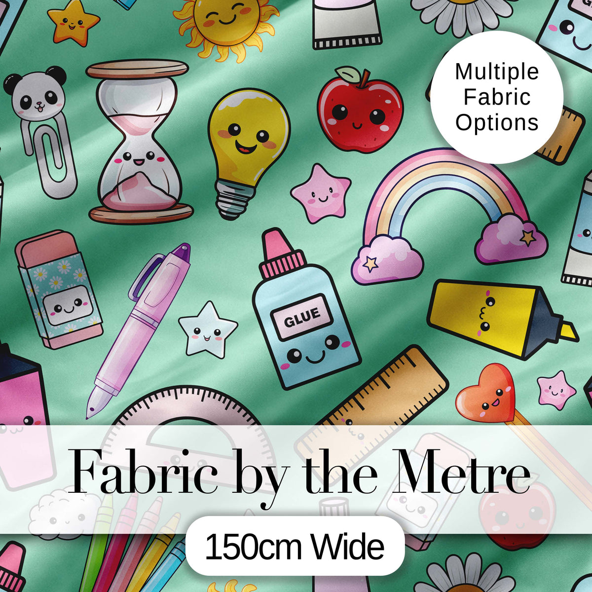 Cute Kawaii School Supplies Rainbow Apple Glue Green Seamless Pattern Digital Print Fabric by the Metre UK Sewing Quilting Textile