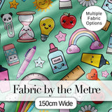 Cute Kawaii School Supplies Rainbow Apple Glue Green Seamless Pattern Digital Print Fabric by the Metre UK Sewing Quilting Textile