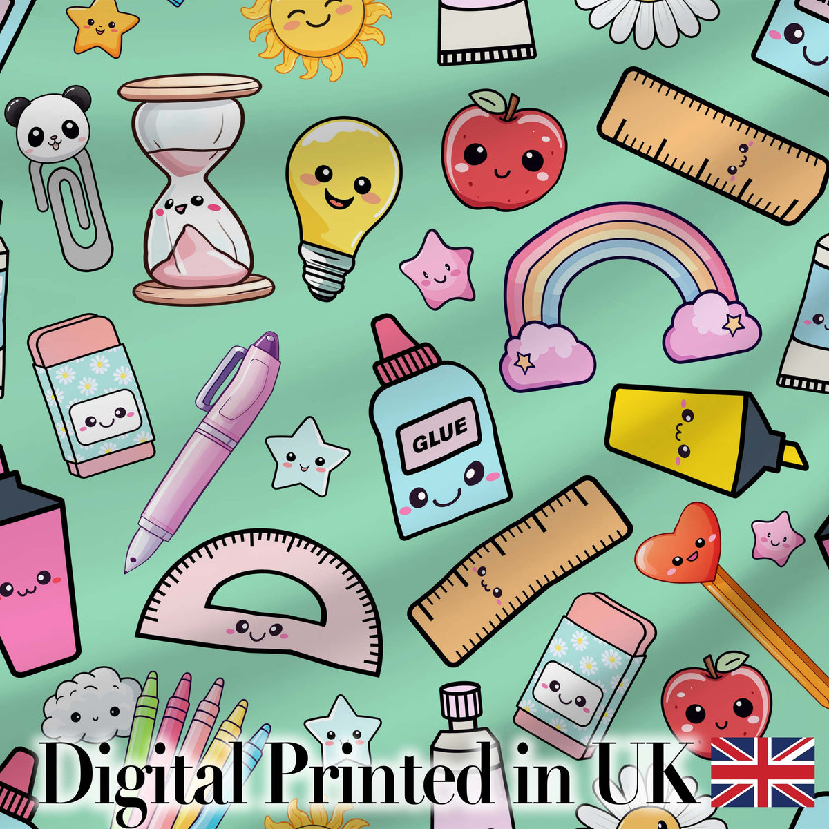 Cute Kawaii School Supplies Rainbow Apple Glue Green Seamless Pattern Digital Print Fabric by the Metre UK Sewing Quilting Textile