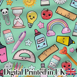 Cute Kawaii School Supplies Rainbow Apple Glue Green Seamless Pattern Digital Print Fabric by the Metre UK Sewing Quilting Textile