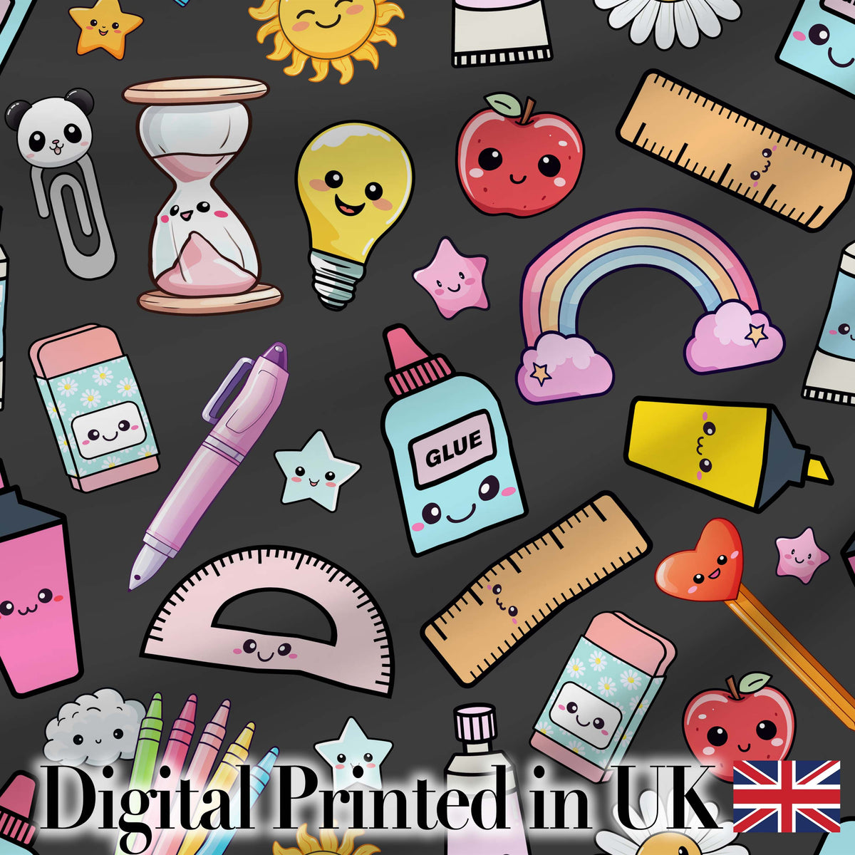 Cute Kawaii School Supplies Rainbow Apple Glue Dark Seamless Pattern Digital Print Fabric by the Metre UK Sewing Quilting Textile
