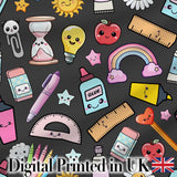 Cute Kawaii School Supplies Rainbow Apple Glue Dark Seamless Pattern Digital Print Fabric by the Metre UK Sewing Quilting Textile